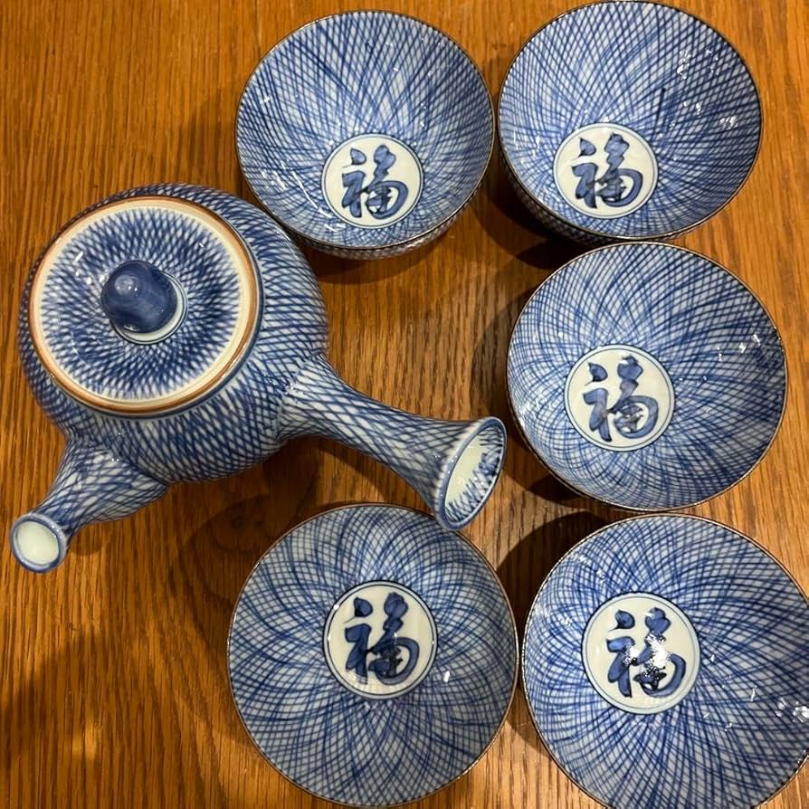 Amazon.co.jp: 有田焼 其泉窯 藍千綾福紋 手書き 急須1点 湯呑5点